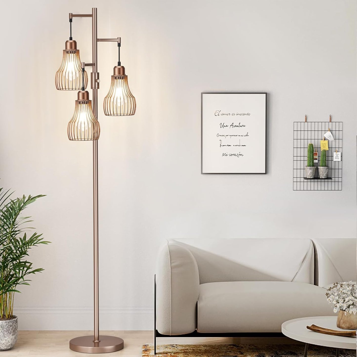 Dimmable Floor Lamps for Living Room with Elegant Cage Shades