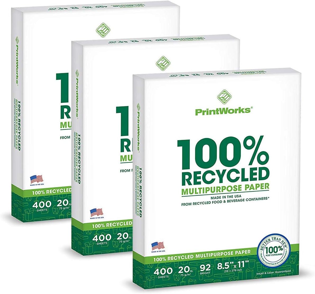 PrintWorks 100% Recycled Paper - 1200 Sheets, 20lb, 92 Bright