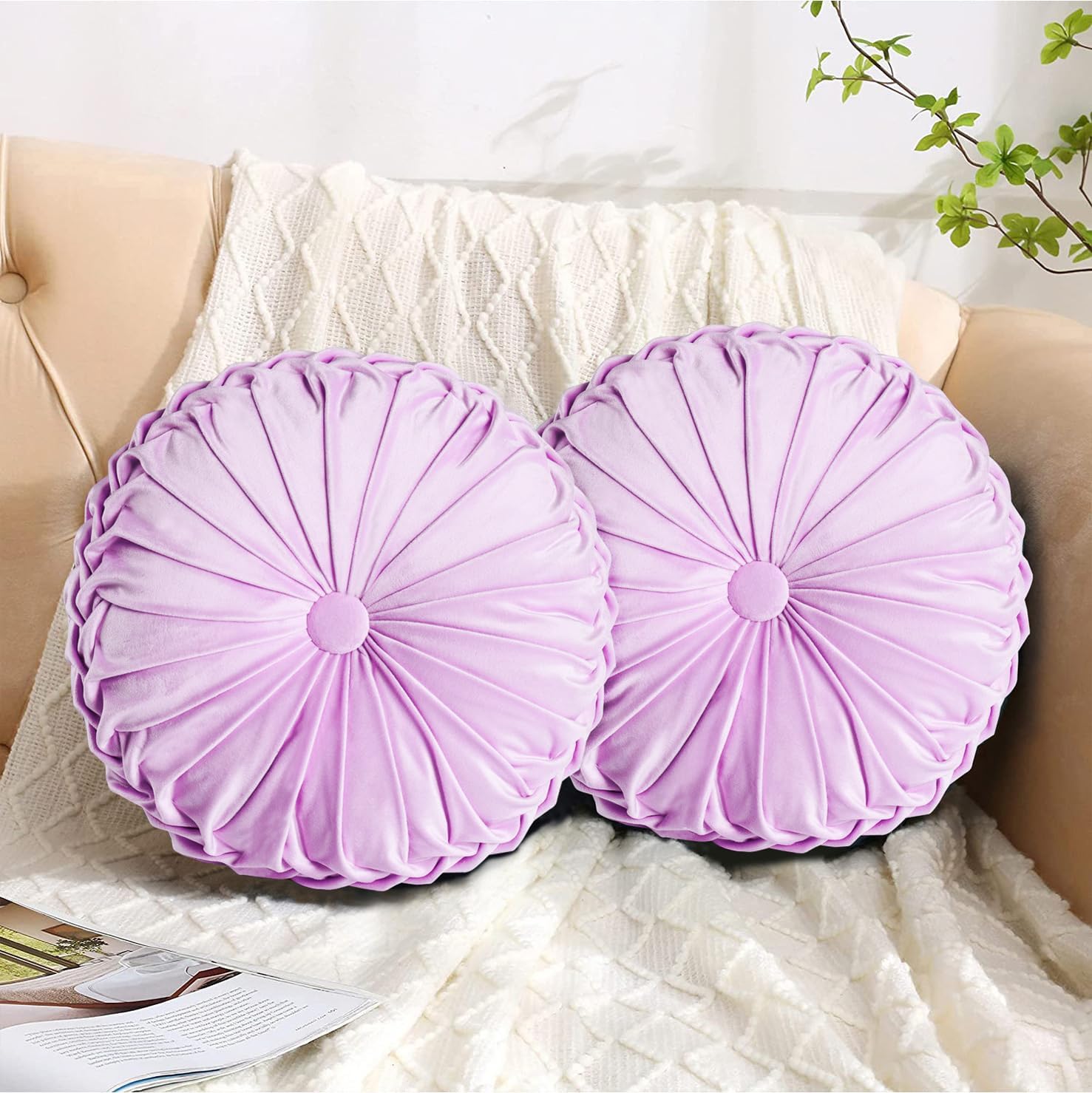 HIG Set of 2 Decorative Round Pleated Throw Pillows for Home