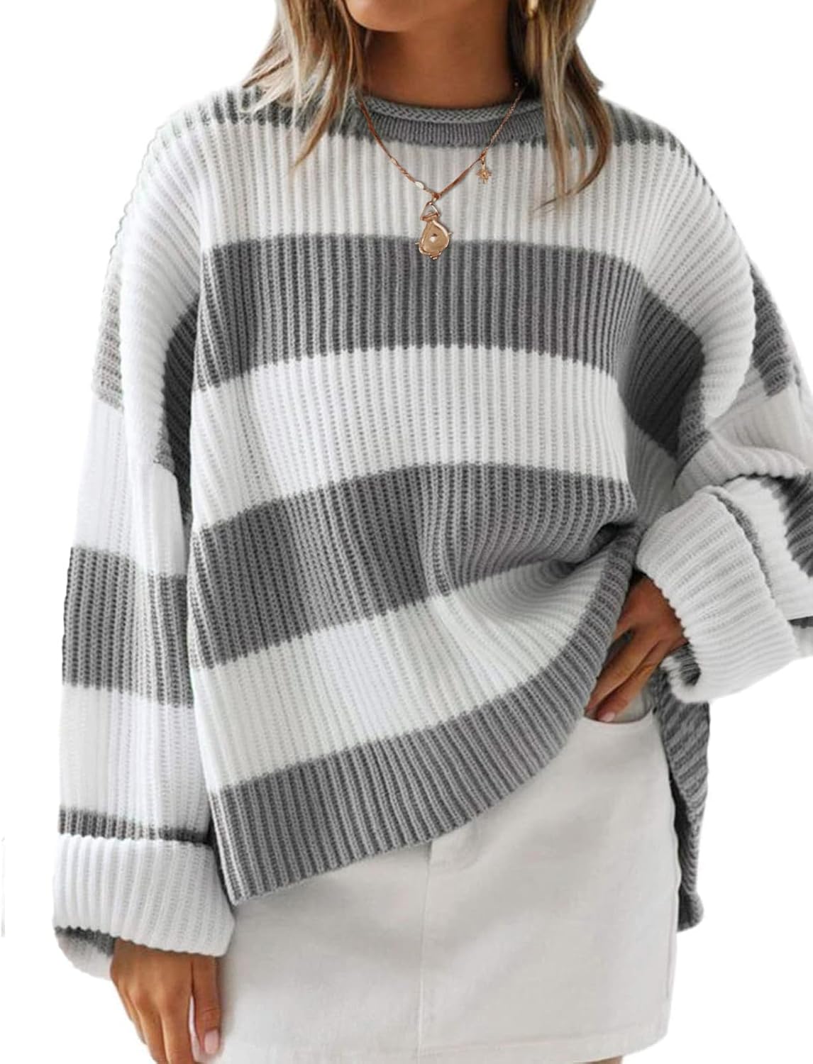 ZESICA Women's Oversized Striped Color Block Sweater for Fall