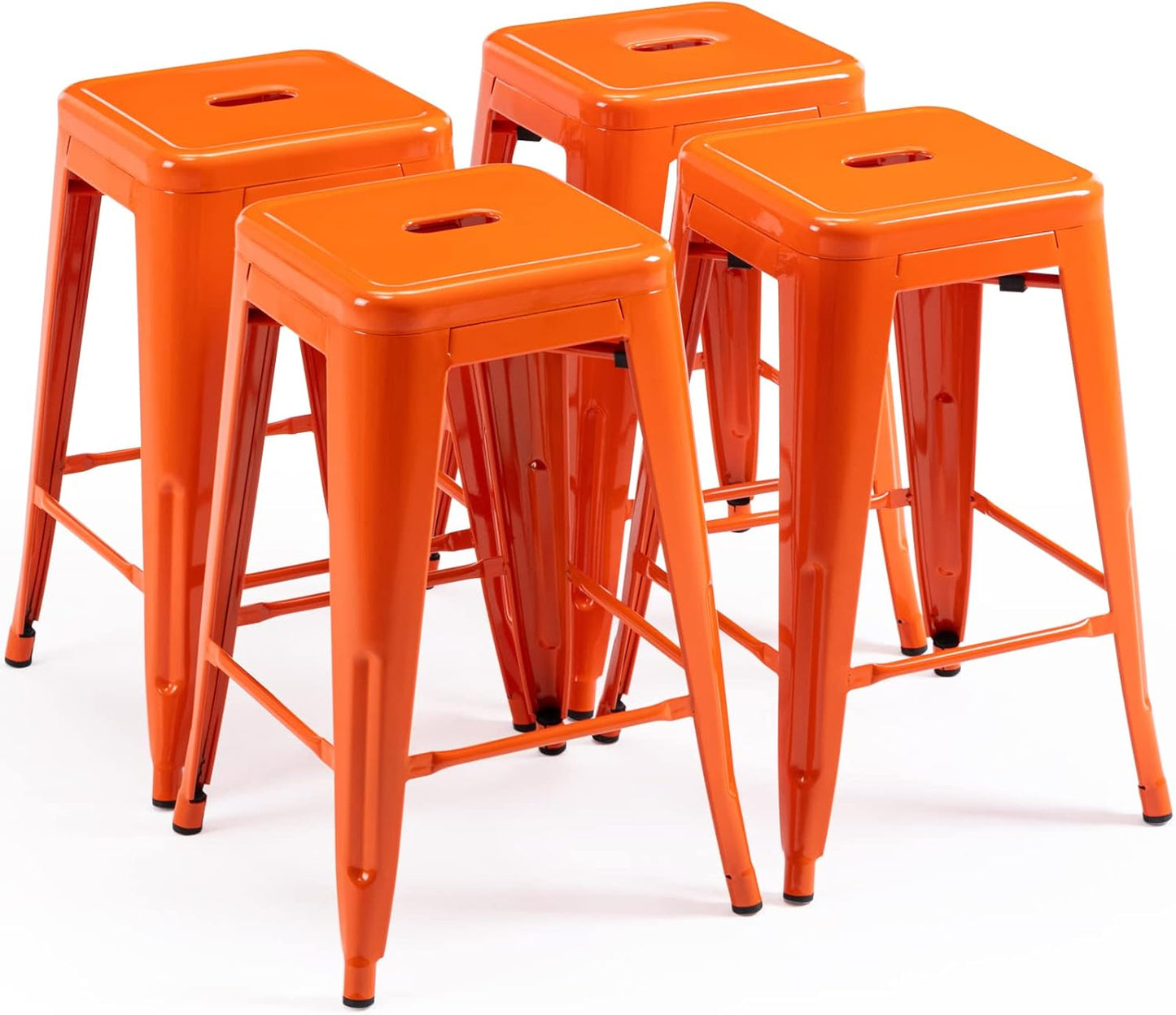 Backless Orange Metal Bar Stools for Indoor and Outdoor Use
