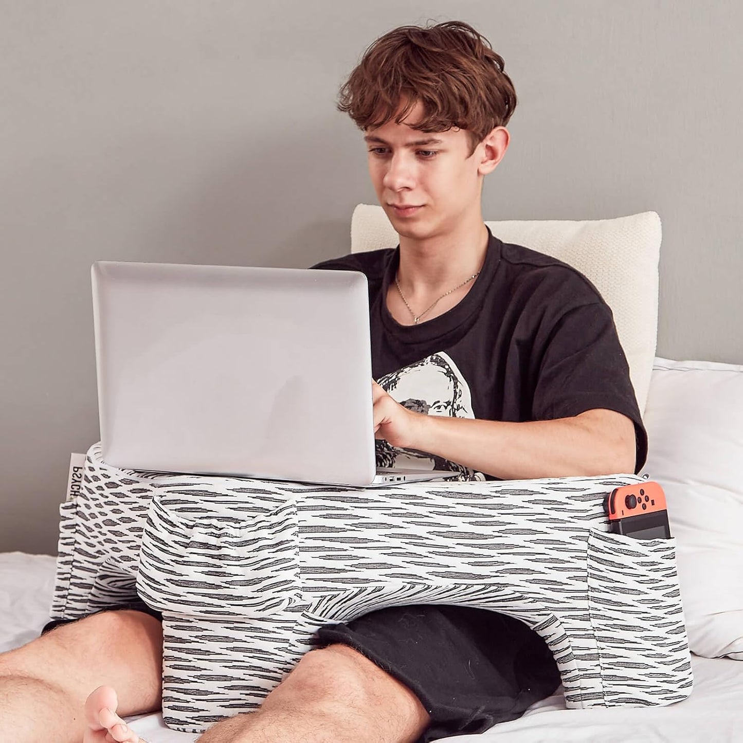 Cozy Heart-Shaped Reading Pillow - Black & White Stripes