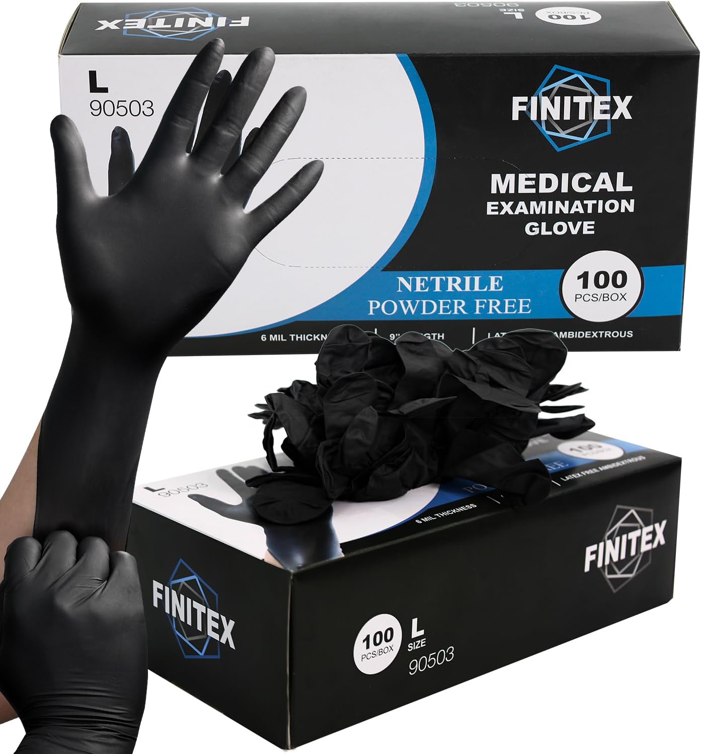 FINITEX Black Nitrile Gloves - 6.3mil Powder-Free