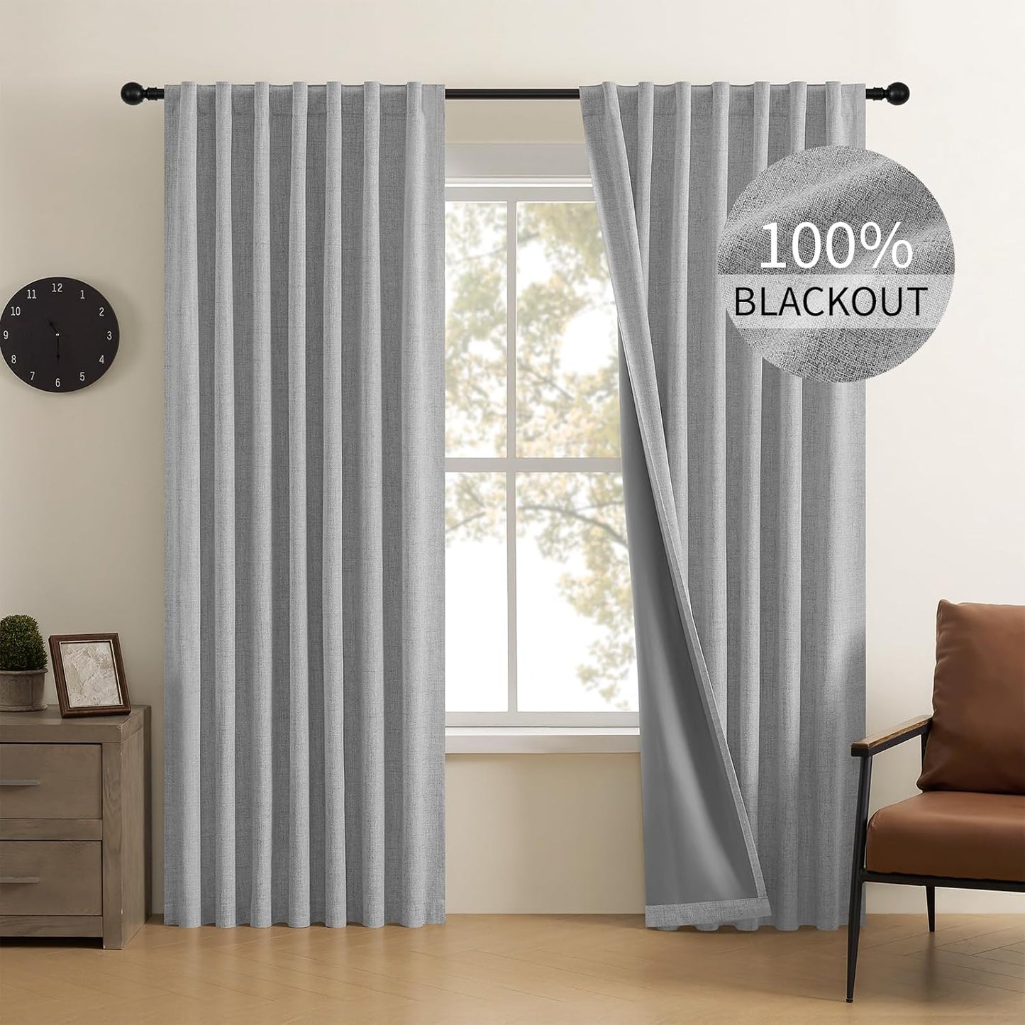 CUCRAF Linen 100% Blackout Curtains for Living Room & Bedroom