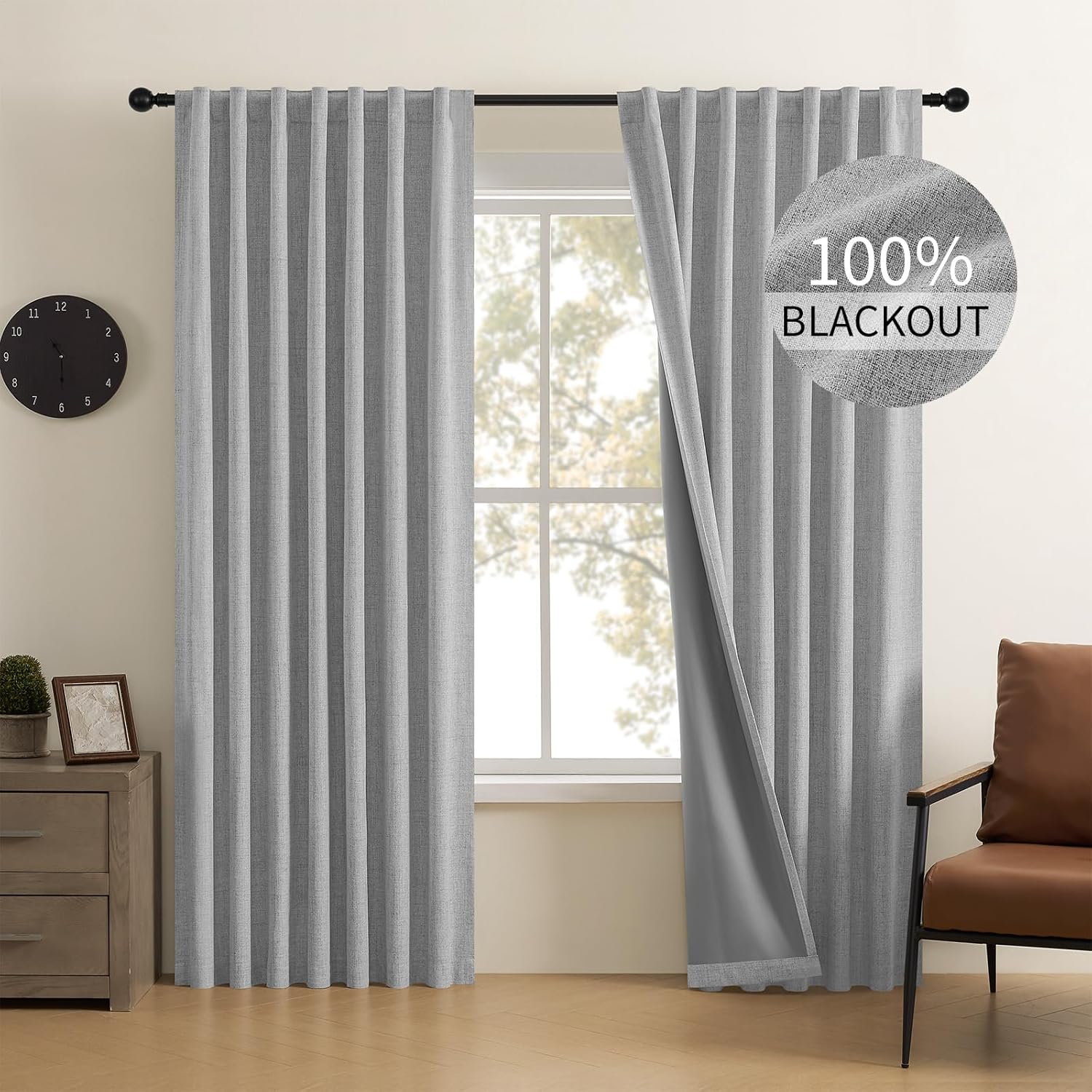 CUCRAF Linen 100% Blackout Curtains for Living Room & Bedroom