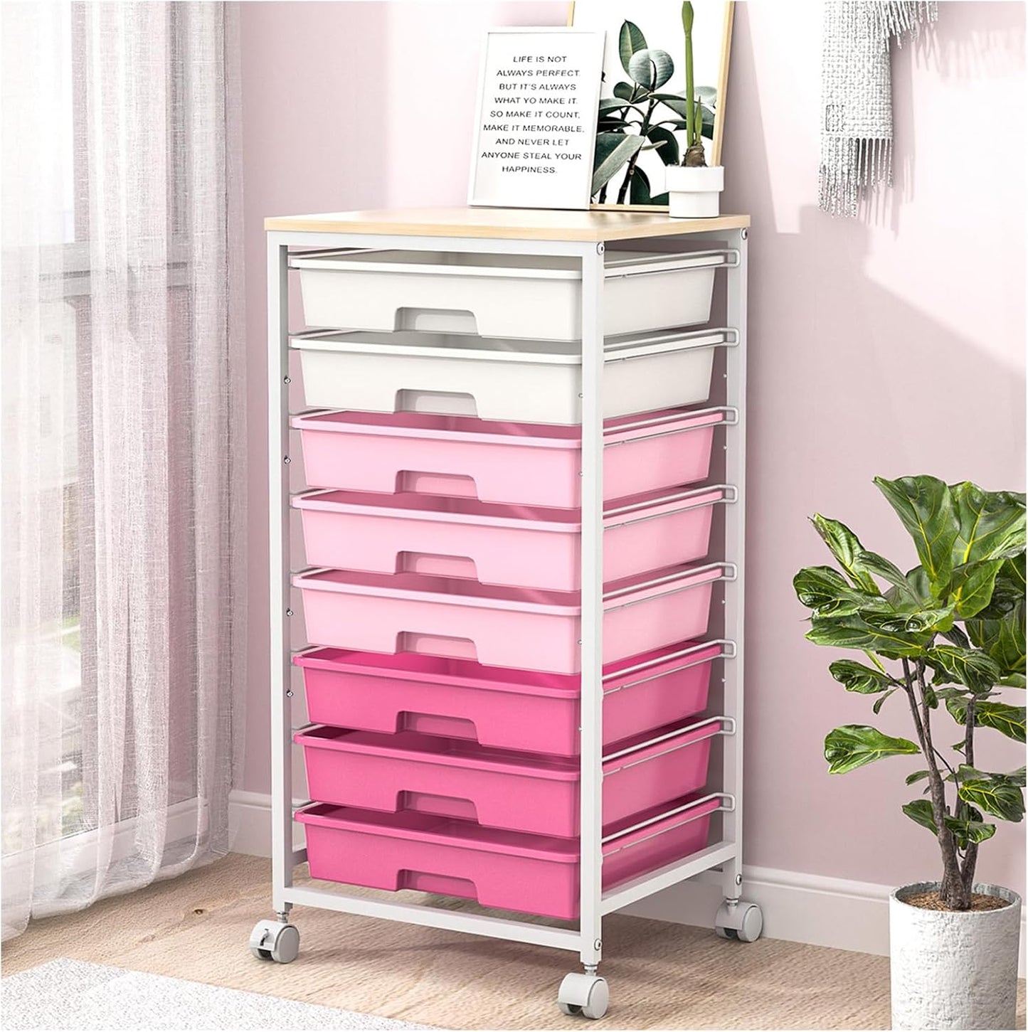 Rolling Cart with 8 Drawers and Wooden Tabletop for Storage
