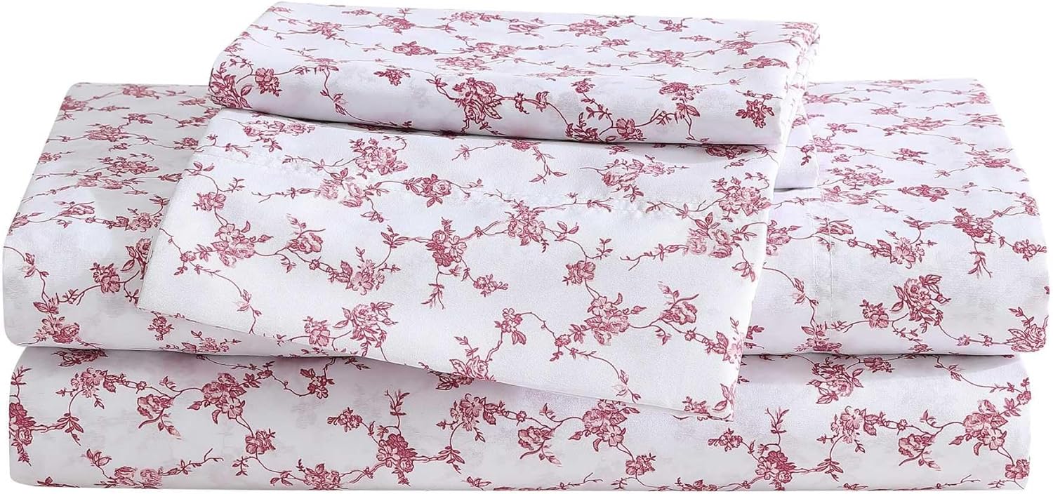 Betsey Johnson Full Bed Sheets Set - Soft Floral Toile Pink