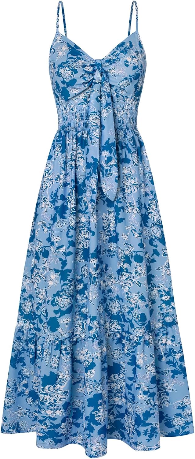 Summer Maxi Dress Floral Tie Front Spaghetti Strap Casual Style