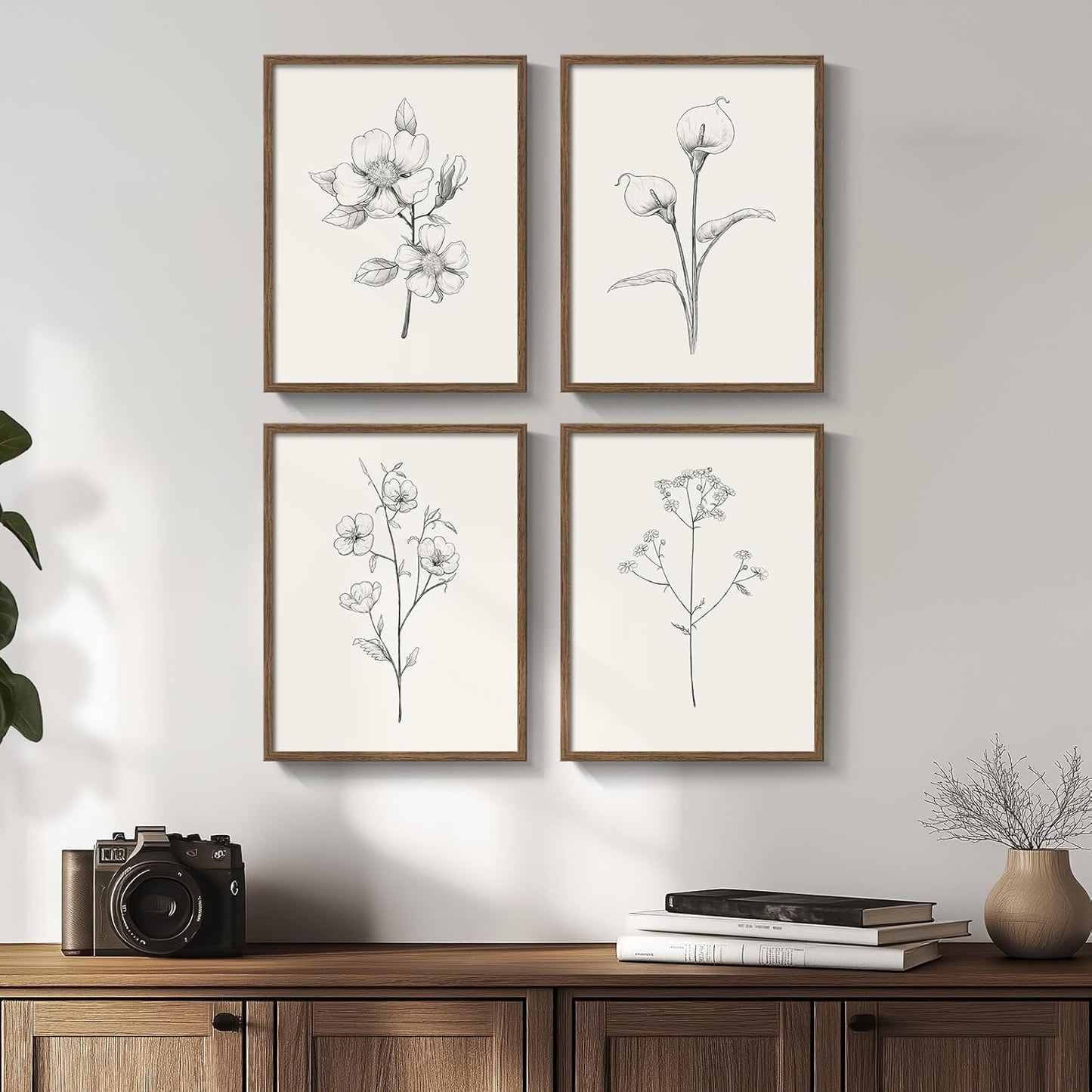 Vintage Floral Wall Art Set - Rustic Black and White Decor