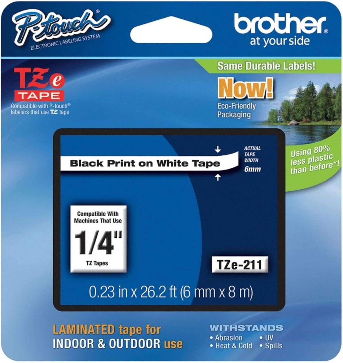 Brother TZE-211 Label Tape: Indoor/Outdoor, Water Resistant, 26.2ft