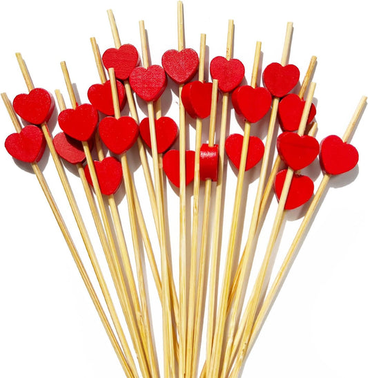 100 Red Heart Bamboo Cocktail Picks by Amovvita