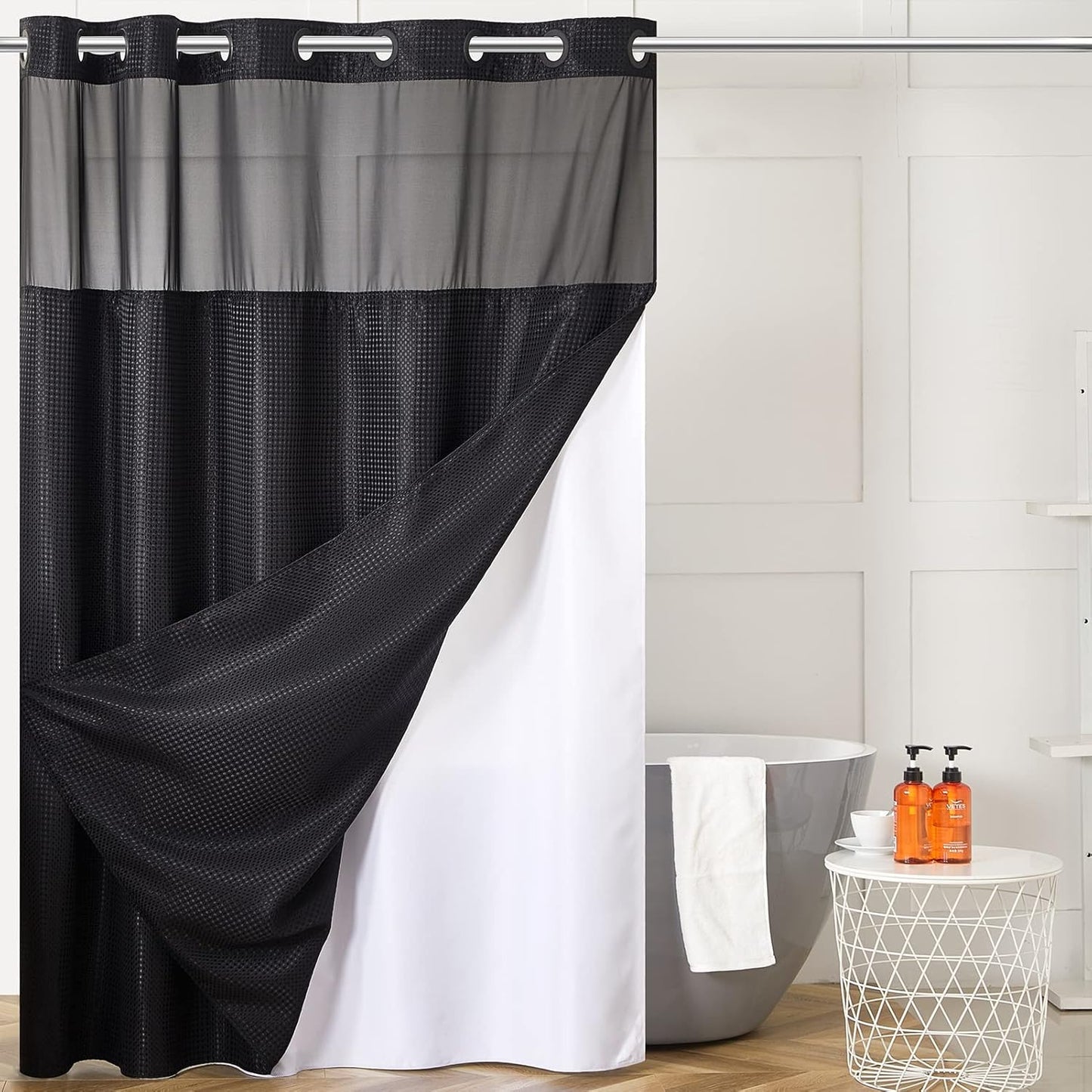 Furlinic Extra Long No Hook Waffle Weave Shower Curtain Set
