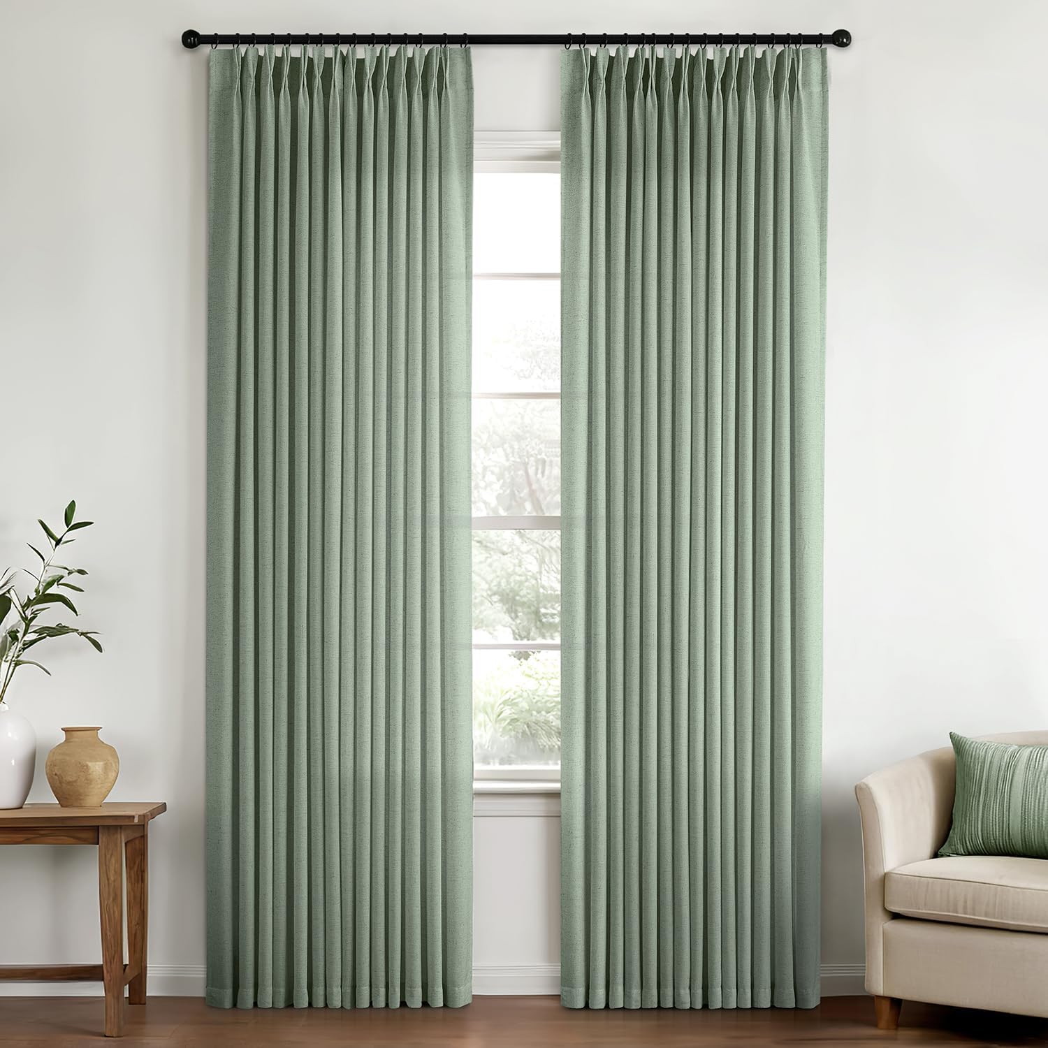 Sage Green Pinch Pleated Linen Sheer Curtains for Elegant Spaces