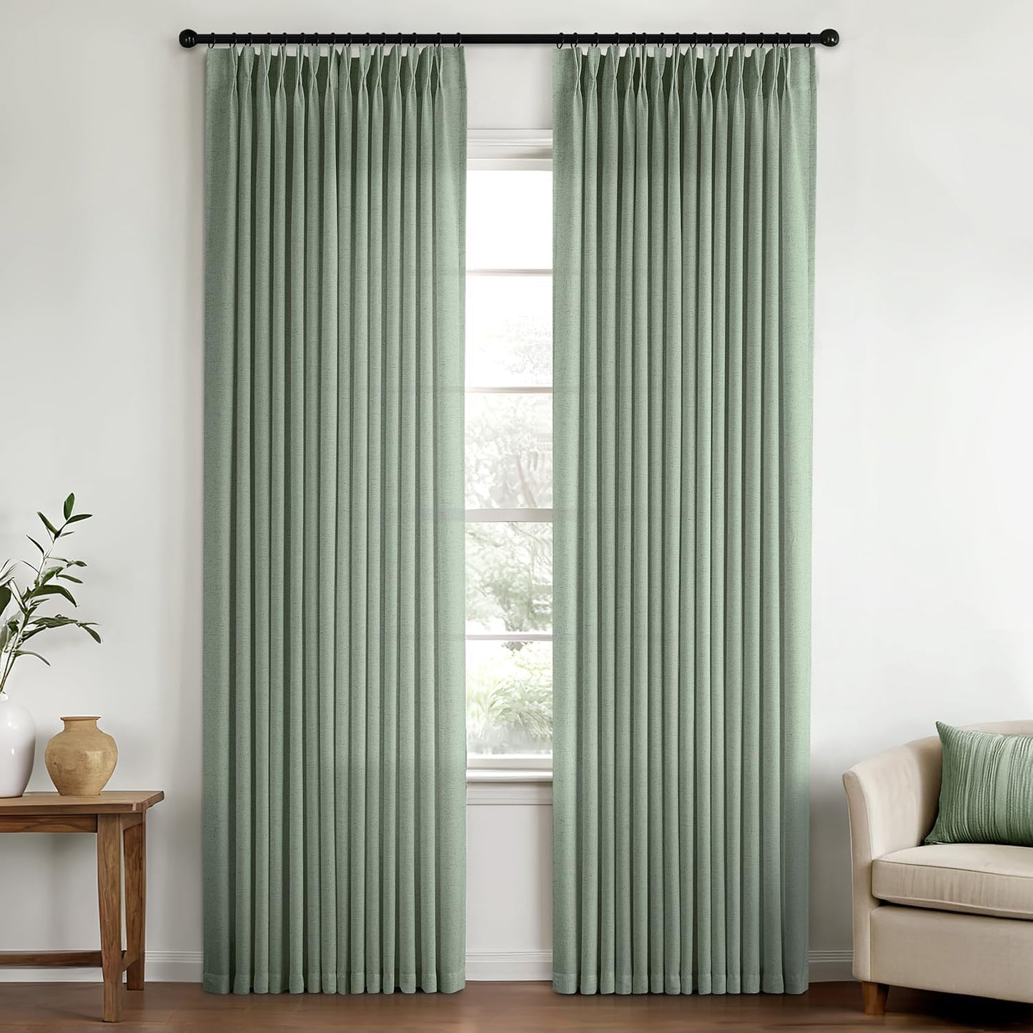 Sage Green Pinch Pleated Linen Sheer Curtains for Elegant Spaces
