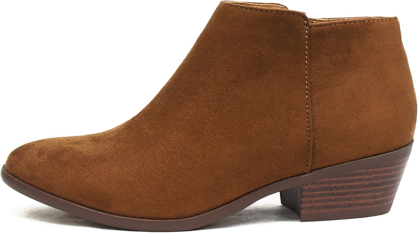 SODA Women's Round Toe Faux Suede Stacked Heel Ankle Bootie