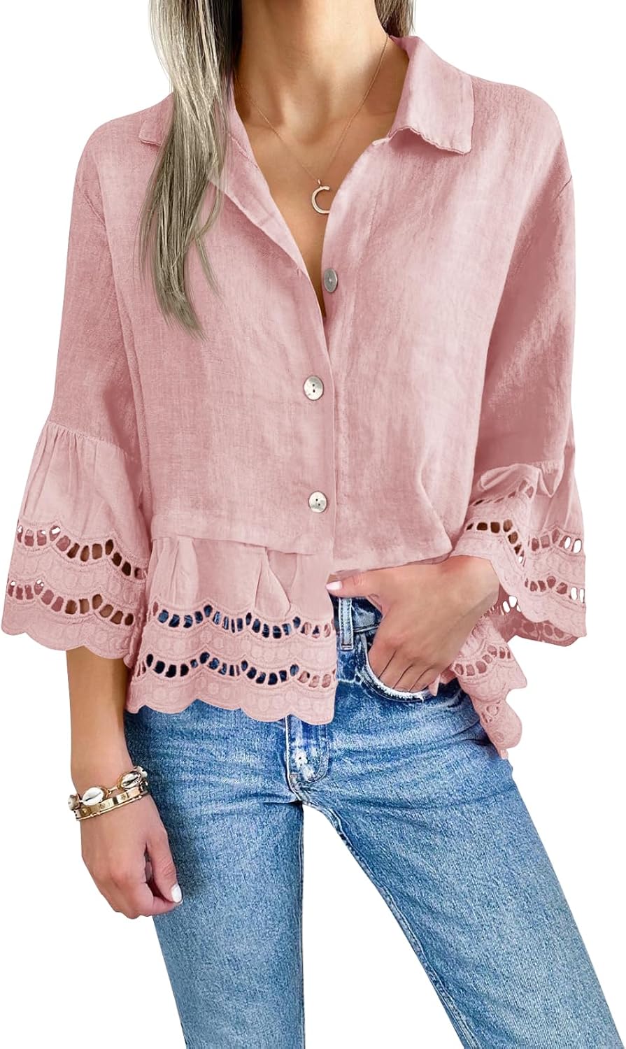 Cicy Bell Womens 3/4 Sleeve Button Down Ruffle Hem Blouse