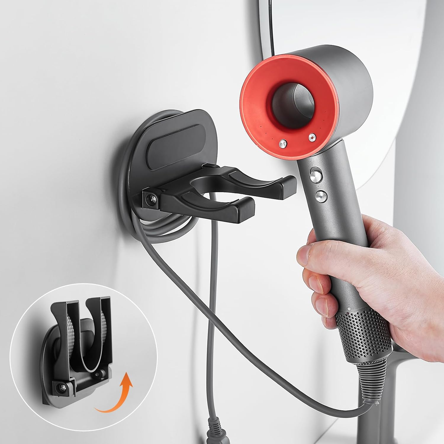Space-Saving Wall Mount Hair Dryer Holder (Black)