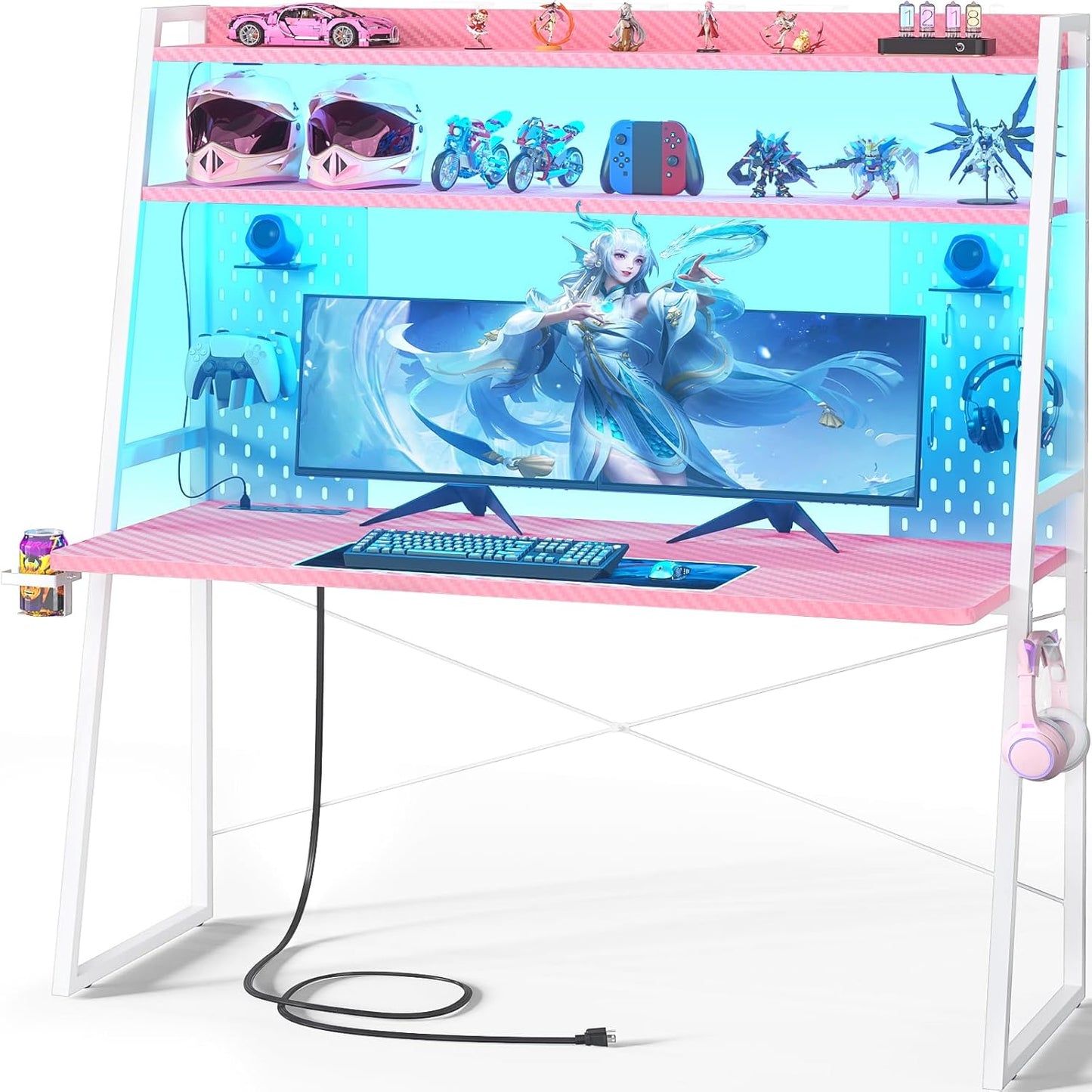 Carbon Fiber Gaming Desk - Power Outlets, LED Lights, Storage