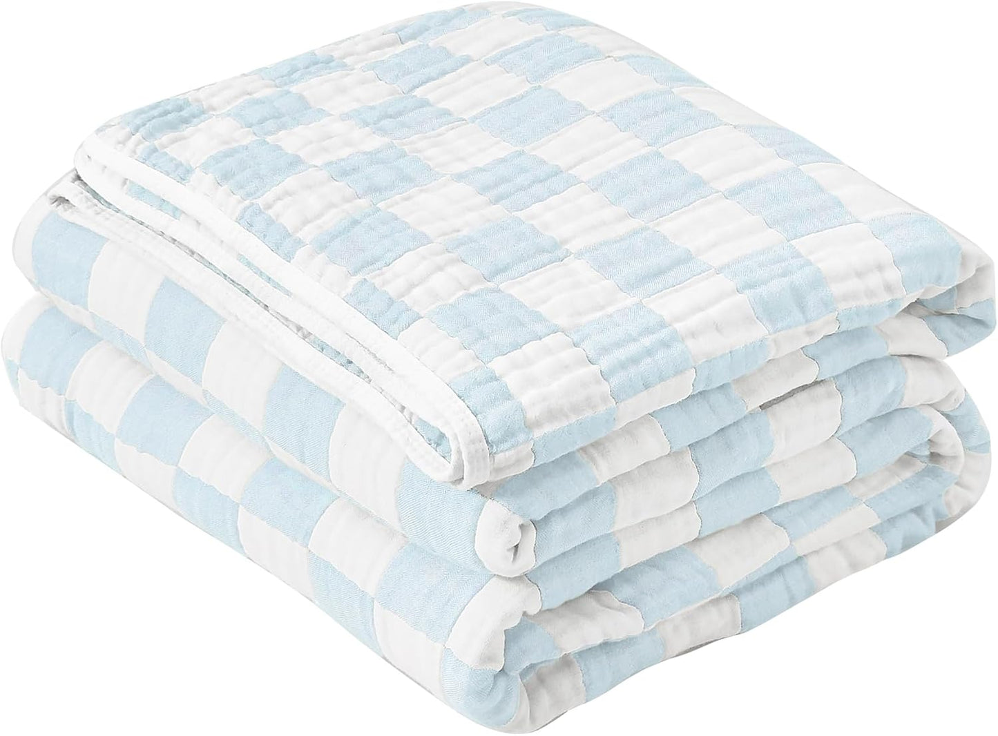 SANACYNA Muslin Blankets 100% Cotton King Size Sky Blue Grid