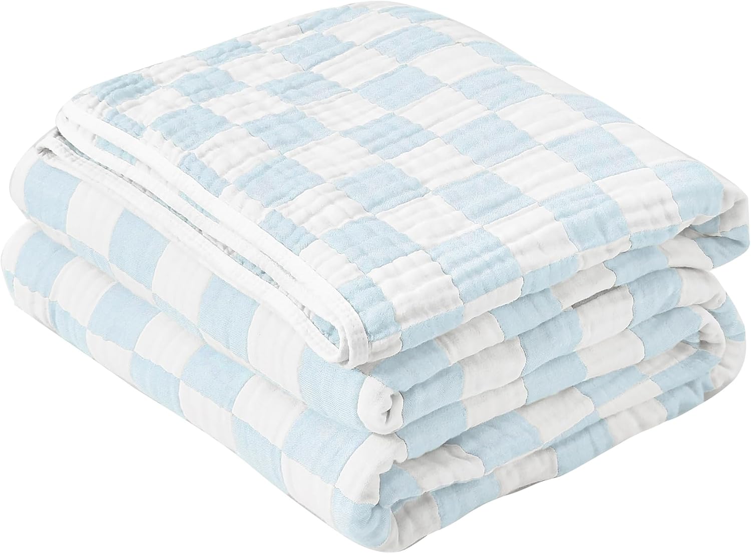 SANACYNA Muslin Blankets 100% Cotton King Size Sky Blue Grid
