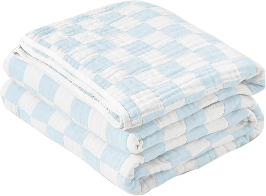 SANACYNA Muslin Blankets 100% Cotton King Size Sky Blue Grid