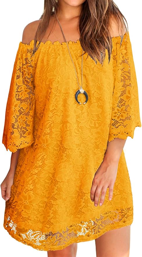 MIHOLL Women's Off Shoulder Lace Shift Loose Mini Dress Review