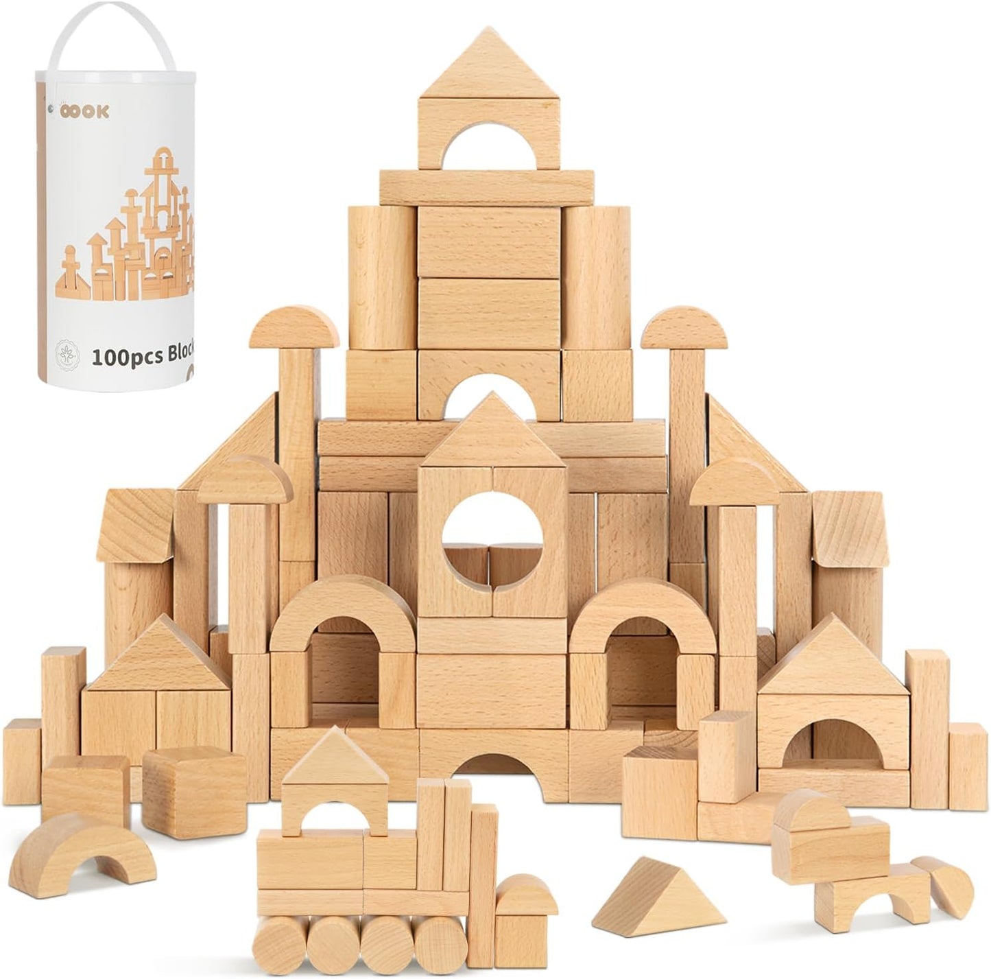 OOOK Natural Beech Wood Building Blocks for Toddlers 1-3 Years