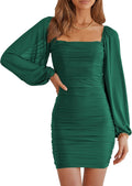 MASCOMODA Square Neck Lantern Sleeve Ruched Bodycon Mini Dress can