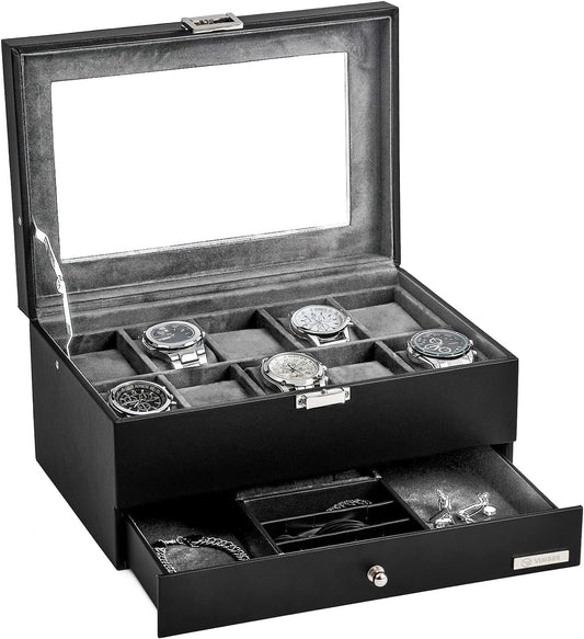 10-Slot Watch Box with Glass Lid - Stylish Organizer