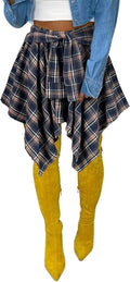 Women's Plaid Skirts High Waisted Knot Front Asymmetrical Hem Mini We