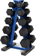 150 lb Coated Hex Dumbbell Set with Blue A-Frame Rack - Space Saving