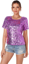 Womens Full Sequin Sparkle Top - Short Sleeve Disco Tee