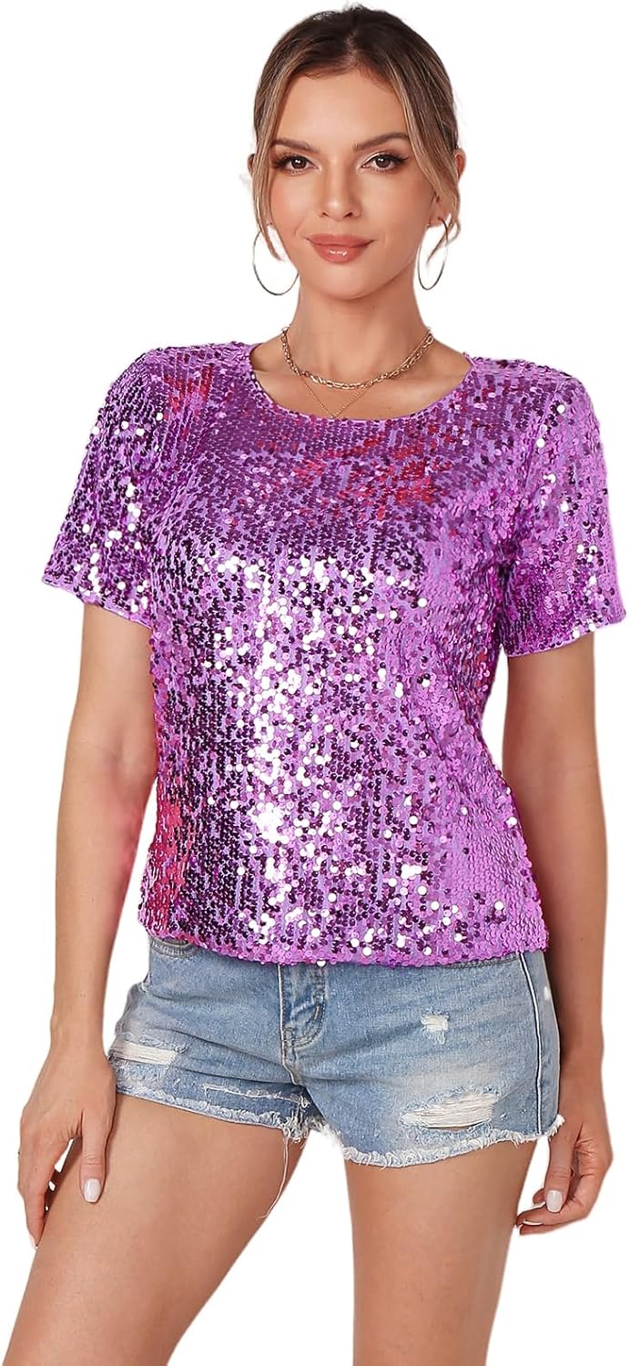 Womens Full Sequin Sparkle Tops for Disco Party and Nights Out