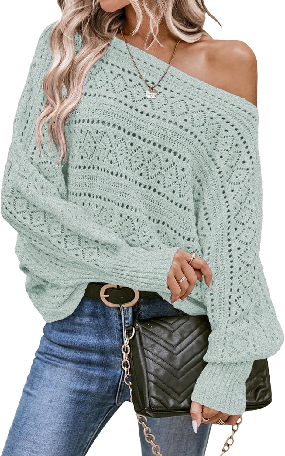 EVALESS Women's Crochet Boat Neck Long Sleeve Sweater for Fall