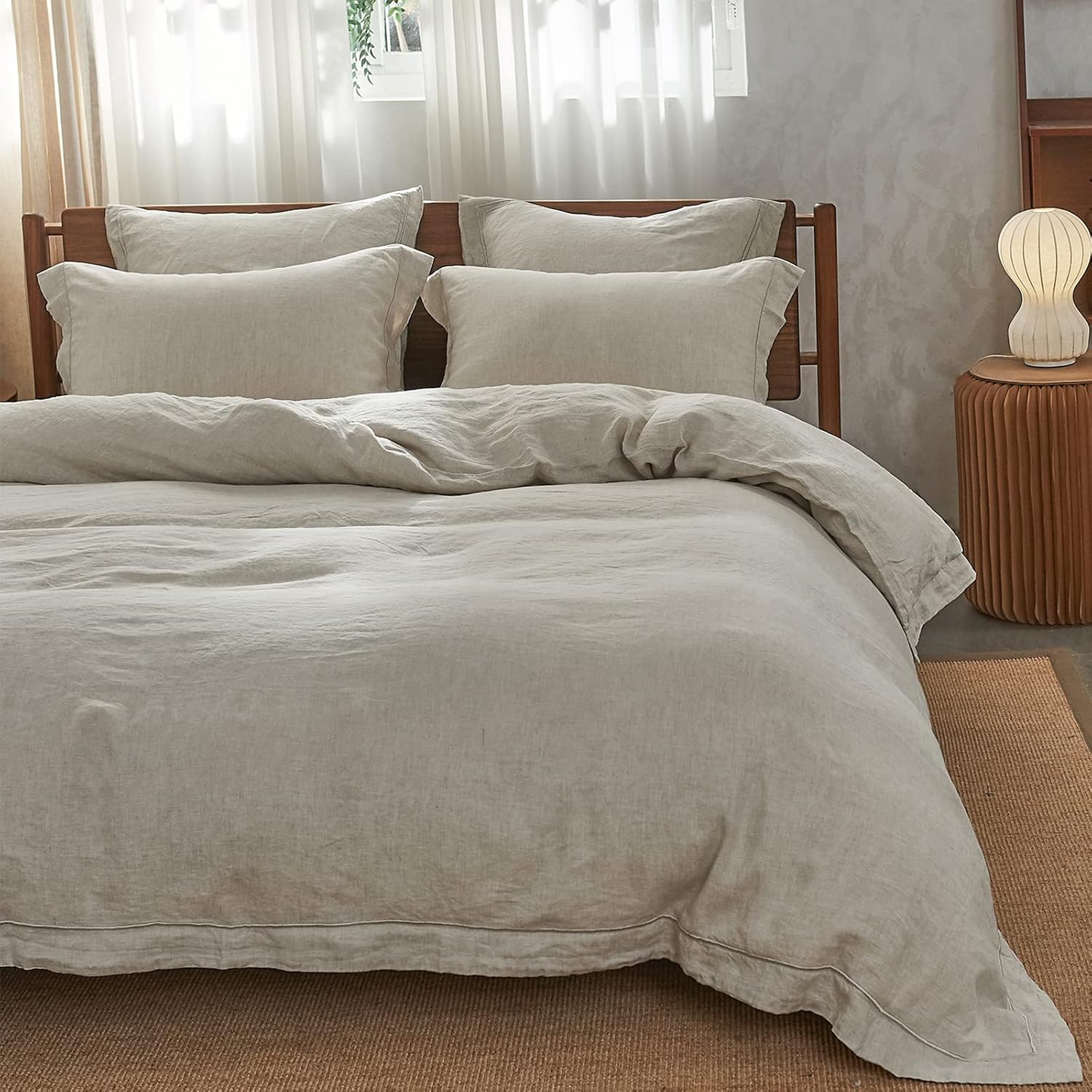 100% Linen Duvet Cover Set with Embroidery Border - Twin Size