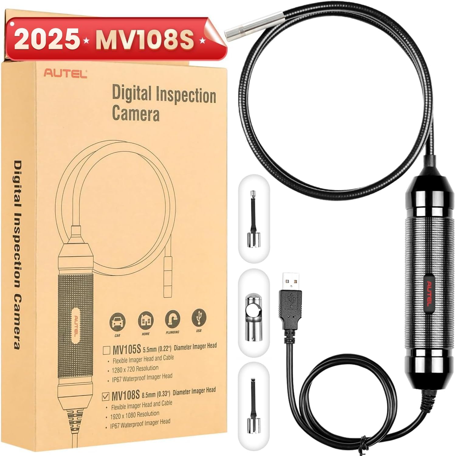 Autel MV108S Digital Inspection Camera: 2MP, 39.37in, Waterproof