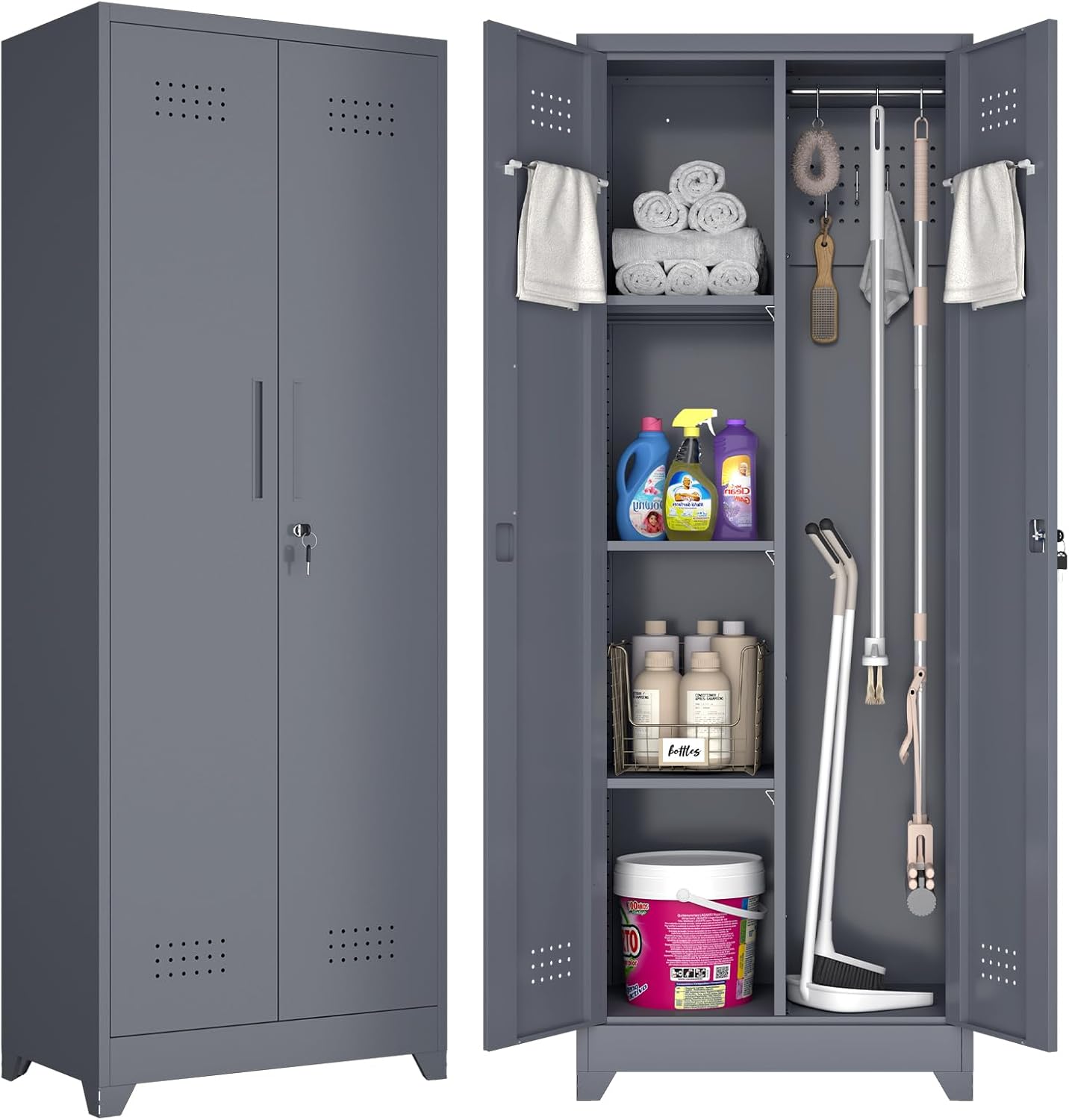 GREATMEET Broom Closet Cabinet with Pegboard and Hanging Rod