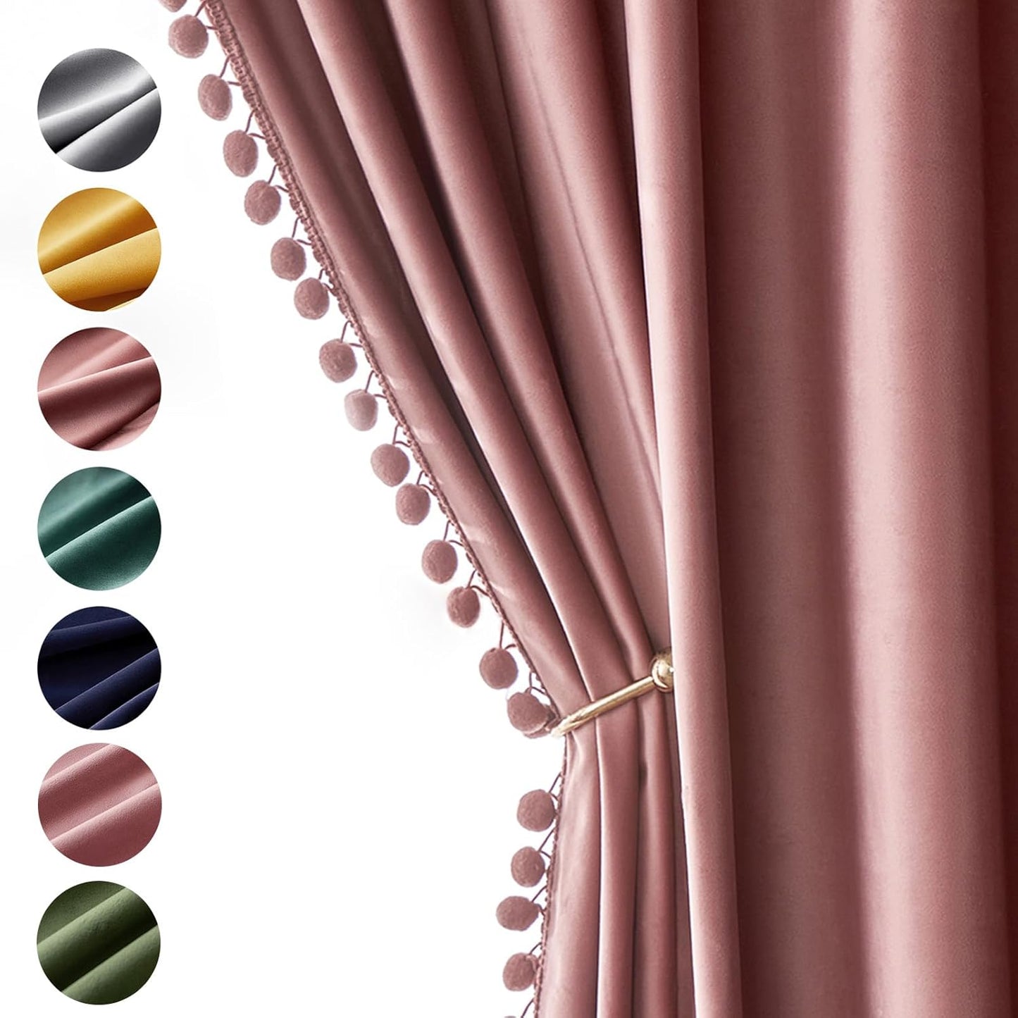 MIULEE Dry Rose Pink Pom Pom Velvet Curtains for Cozy Rooms