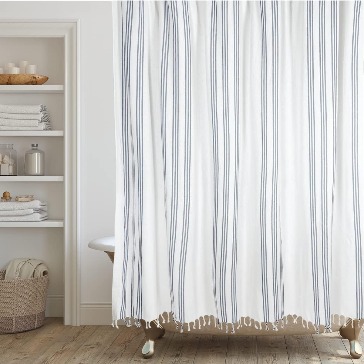 Chic Chambray Blue Striped Shower Curtain - 100% Cotton, Stylish Tassels, 72x72