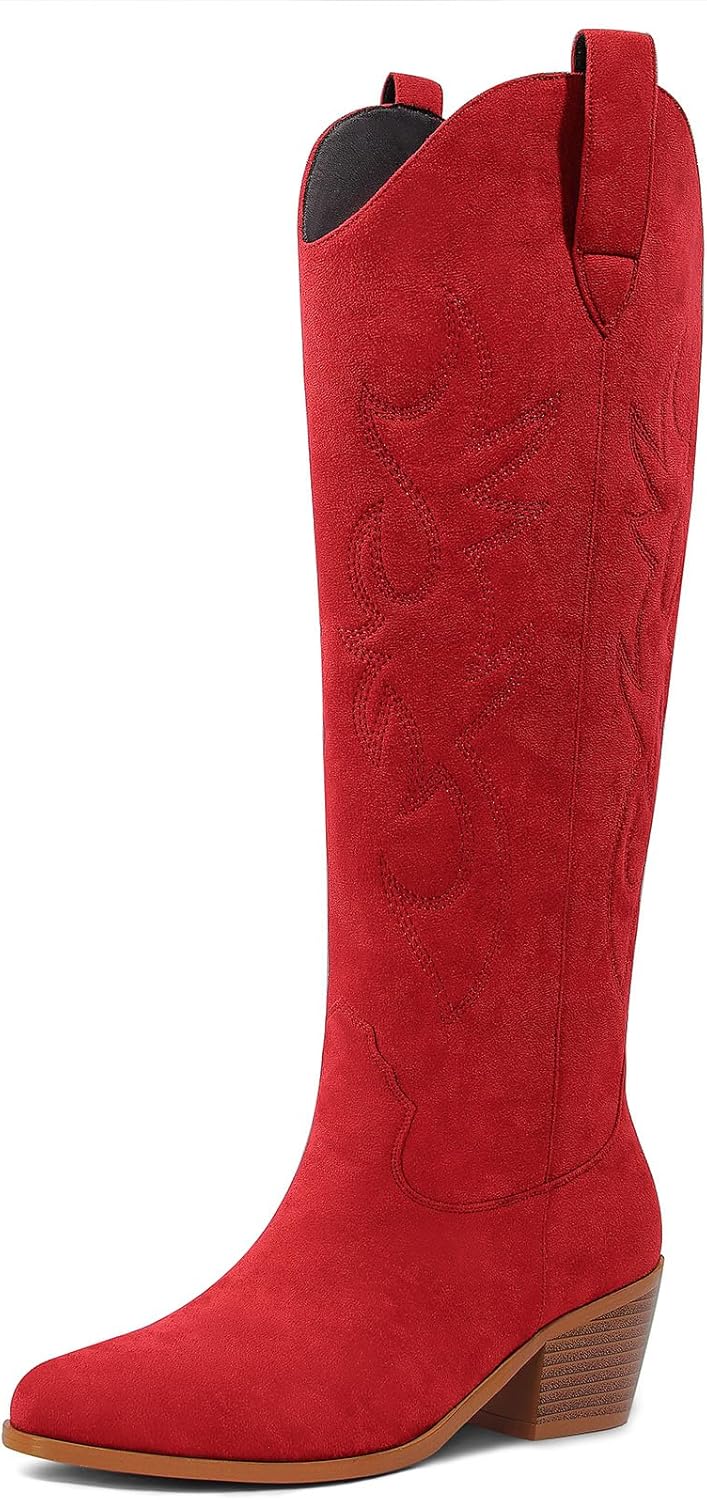Ouepiano White Cowgirl Boots for Women with Chunky Heels