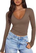 Women Sexy V Neck Lace Long Sleeve Shirt - Flattering Double Lined Top