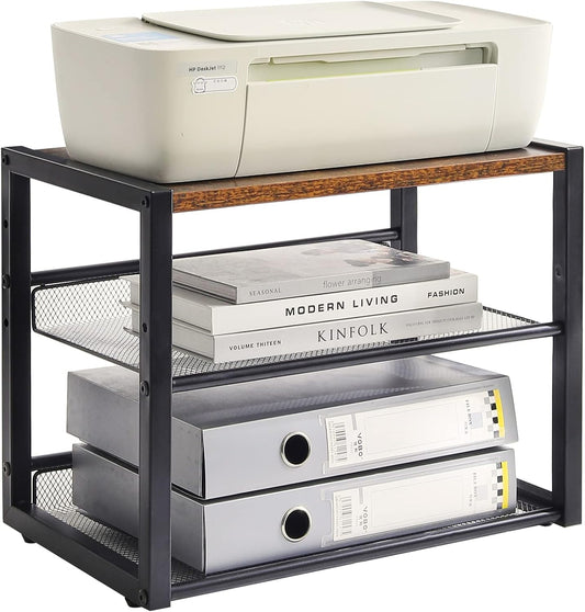 Rustic Brown Printer Stand, 3-Tier Organizer - Home Office Essential