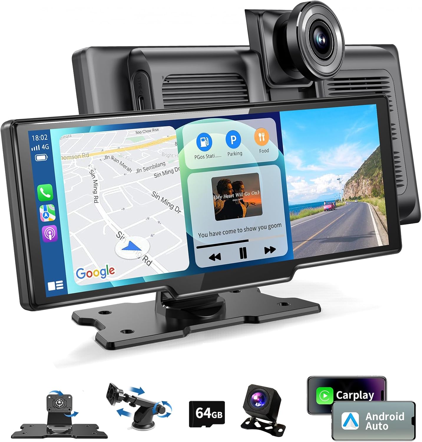 10.26 Inch Portable Wireless Carplay Screen with Dual Camera
