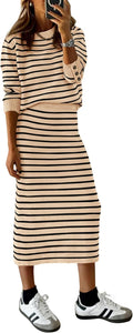 PRETTYGARDEN 2 Piece Striped Sweater Skirt Set - Cozy Fall Style