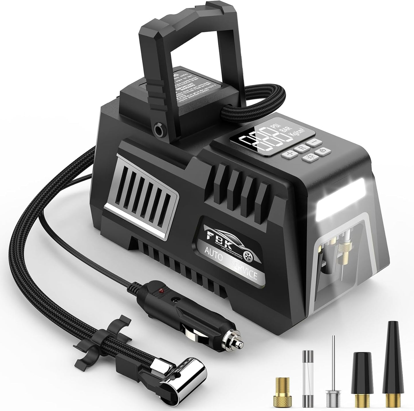 Portable Digital Tire Inflator | Auto Shut-Off | Emergency LED | Carrying Case | Nozzle Adaptors | FBK