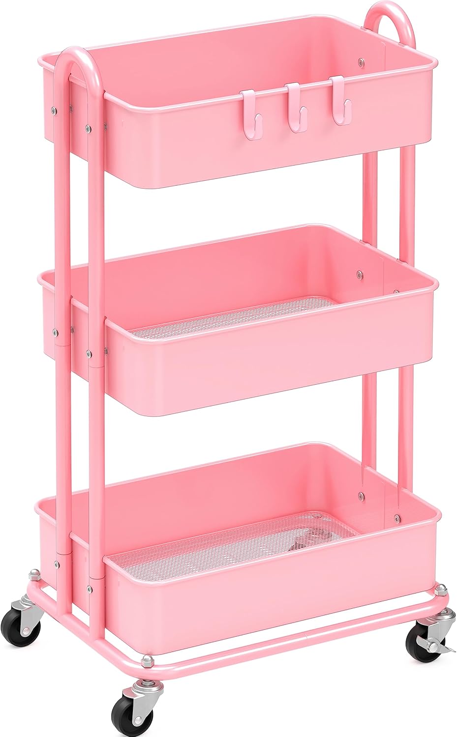 3-Tier Heavy Duty Metal Utility Rolling Cart in Pink for Versatile Use