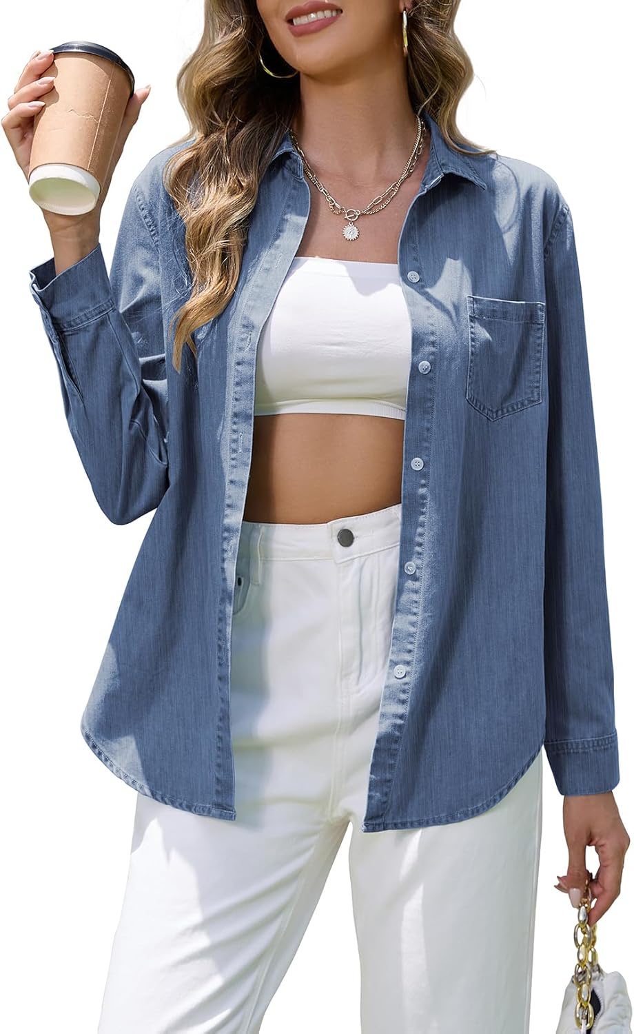 Denim Shirt Women Chambray Western Casual Long Sleeve Tops