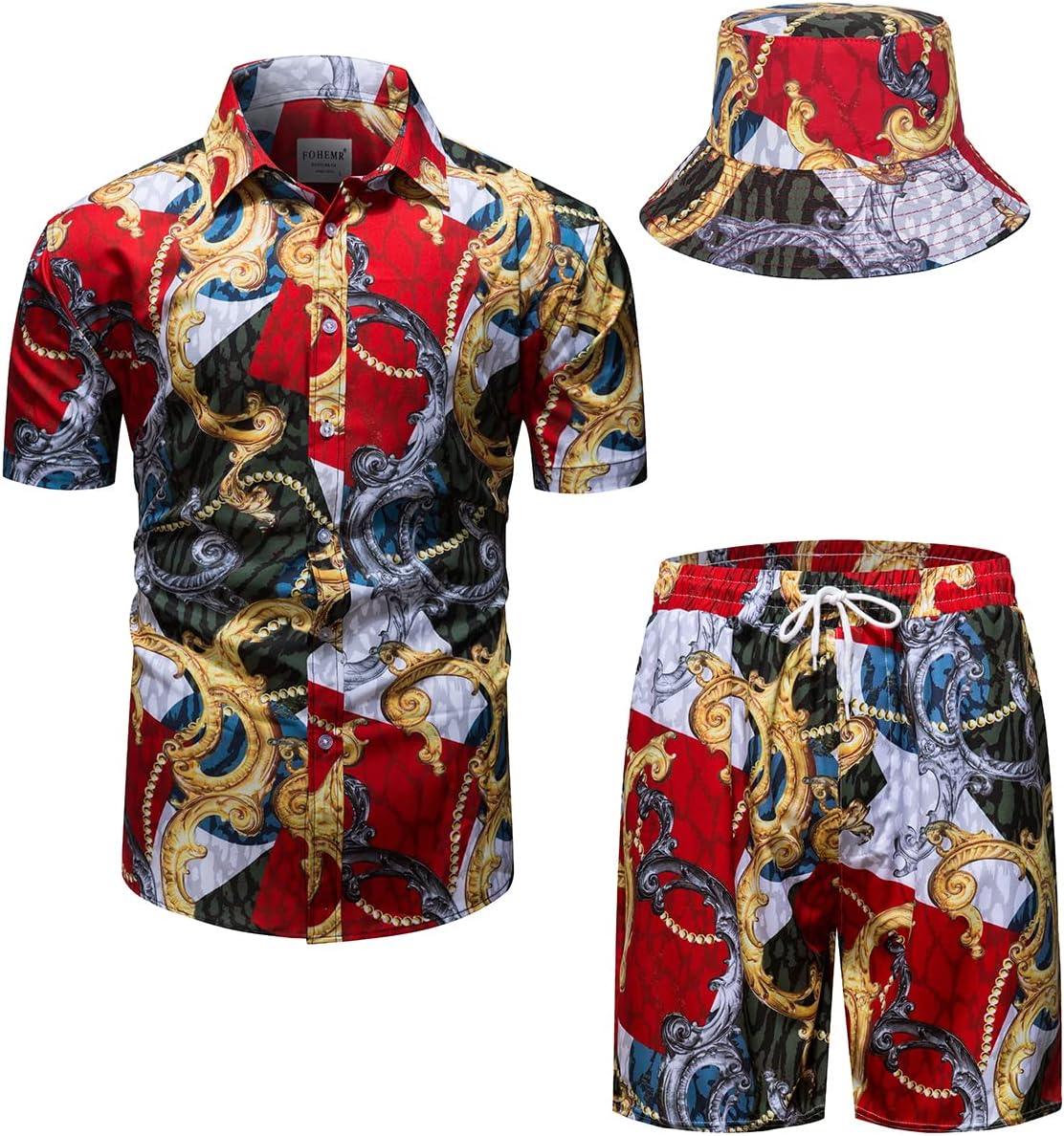 Mens Luxury Outfit Set Black Gold Baroque Tracksuit with Hat