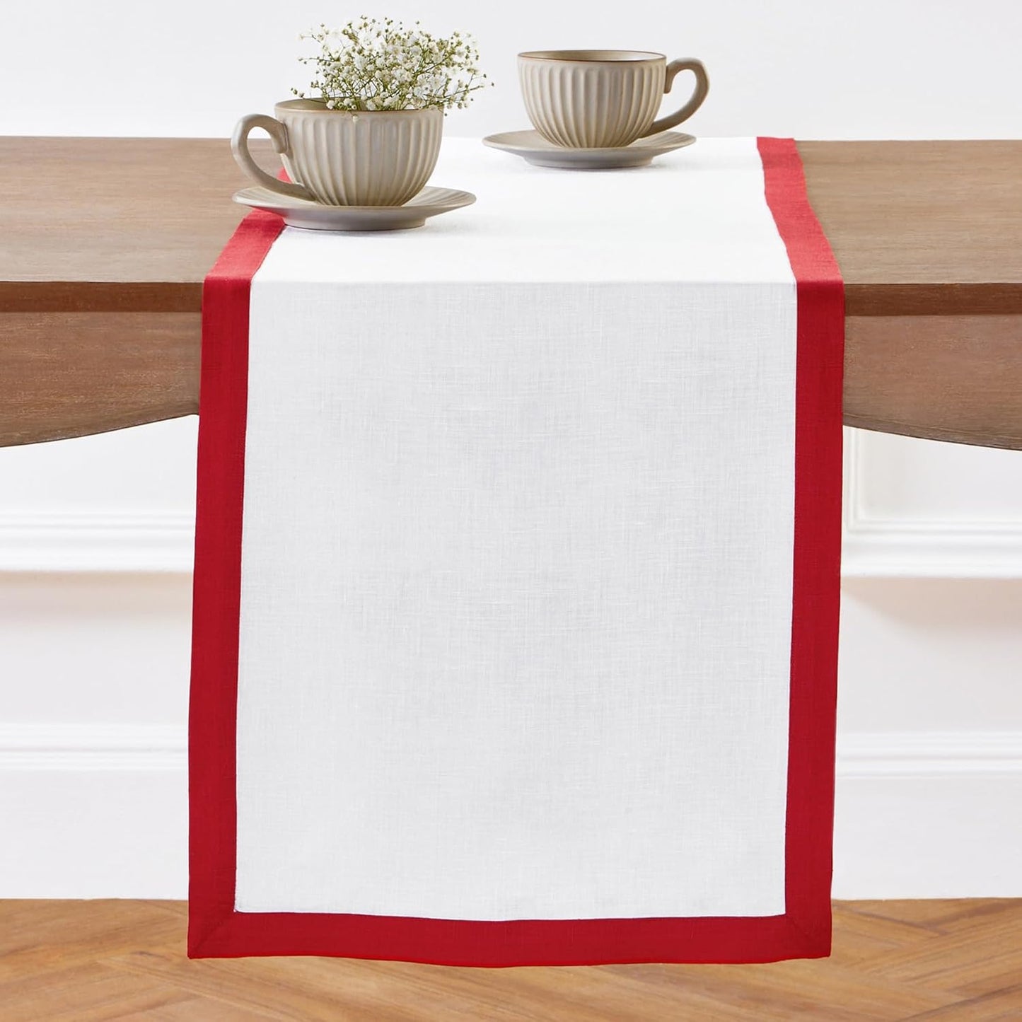 Elegant 100% Pure Linen Red and White Table Runner for Holidays