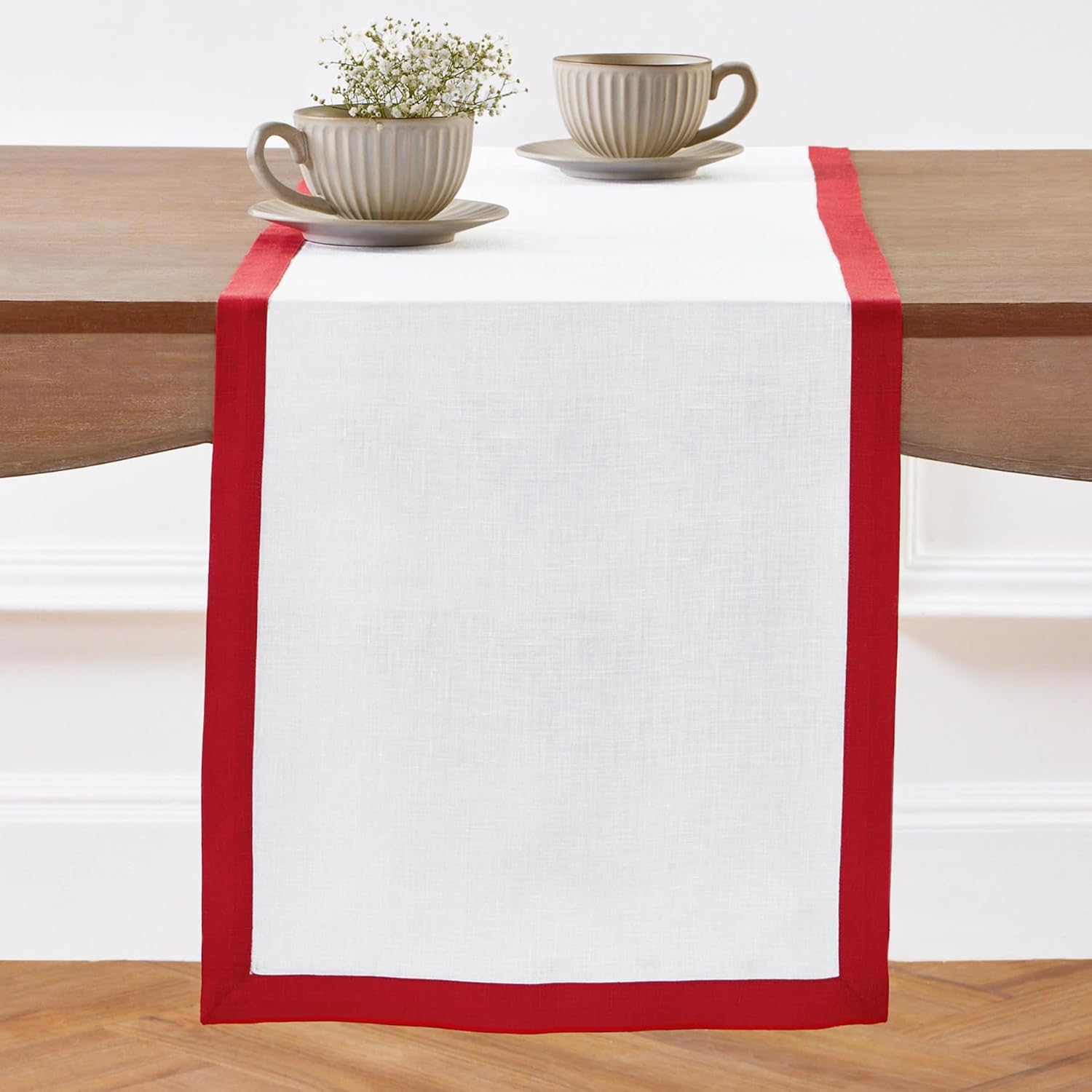 Elegant 100% Pure Linen Red and White Table Runner for Holidays